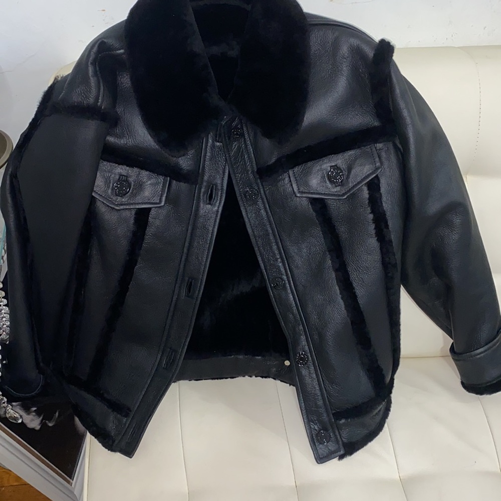 Sandro Paris Genuine Shearling Leather Jacket Black Luxury Winter CoatM - Picture 7 of 9